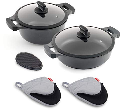 Metaltex Xpert 2-teiliges Set aus Aluminiumguss (hoher Kochtopf 24 cm und niedriger Topf 28 cm) inkl. Waschlappen und Silikonschwamm