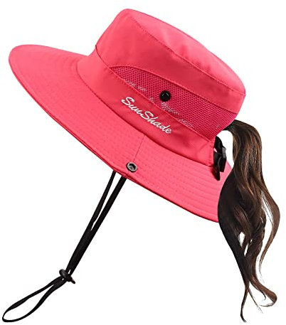 Pesaat Sonnenhut Damen UV Schutz Fischerhut knautschbarer Wasserfester Sommerhut mit Kinnband gartenhut Boonie hat damenfür Gartenarbeit Reisen Wandern Angeln (Rot-Einfarbig, Gr.Erwachsener)