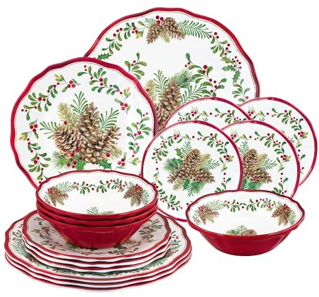 UPware 16 Piece Pinecones Melamine Dinnerware Sets, Outdoor Dishes Set, Plates and Bowls Sets, Christmas Decorations, Service for 4, Red
