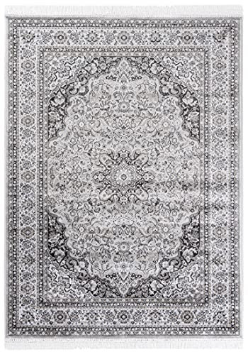 Carpeto Rugs Teppich mit Fransen Orientalisch in Grau Silber - Wohnzimmer Schlafzimmer - Klassisch Orient Muster dicht gewebt - Kurzflor Weiche Viskose - Faser 120 x 170 cm