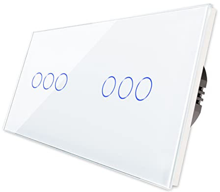 CNBINGO Interruptor de doble táctil, individual Blanco, con panel de vidrio y LED de estado, no se requiere un conductor neutro, 3 sujeto más 3 compartimento, interruptor de 1 vía, 157 * 86 mm