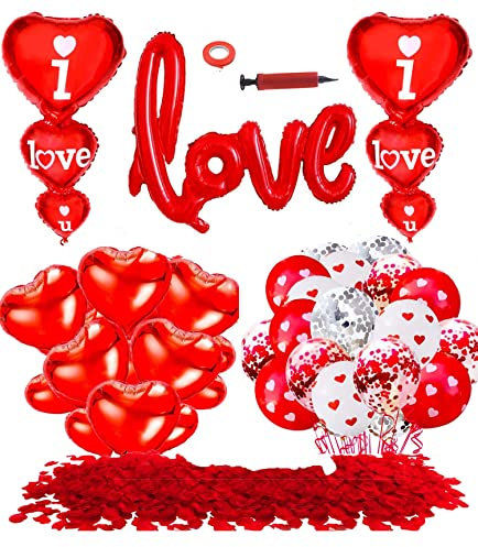 Valentinstag Dekoration Set, Rote Love Luftballons Romantisch Deko Love Folienballon Rote Herz Helium Folienballon Konfetti Ballon Dekoration Rote Rosenblüten