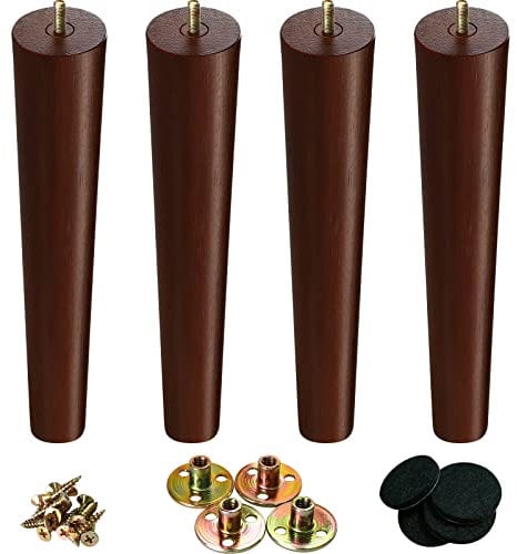 KOIKEY 30cm Chair Wooden Furniture Legs 12 Inch Round Taper 5/16’ Bolt Replacement Feet for Cabinet Couch Futon Coffee Table, Walnut Color Set of 4