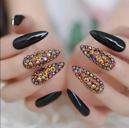 False Nails, Artificial Nails with Glue, Artificial Finger Acrylic Nail Kit, Manicure Kit for Women, Next Day Delivery of Coffin Acrylic. (Rhinestone Black Nails)…