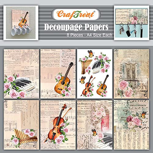 CrafTreat Decoupage Paper Guitar Music Talk A4 (8,5 x 11,7) 8er Pack Bastelpapier Muster Set, Scrapbooking Papier, Motivpapier Frühling, Musterpapier, Bastelpapier Vintage, Designpapier Block