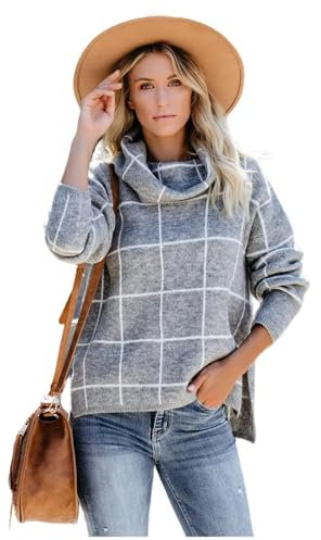 HEYPORK Damen Herbst Winter Warm Bequem Pullover Casual Mode Strickjacke Strickpullover Frauen Karierter Pullover Rollkragenpullover Karierter Strickpullover(Grau, L)