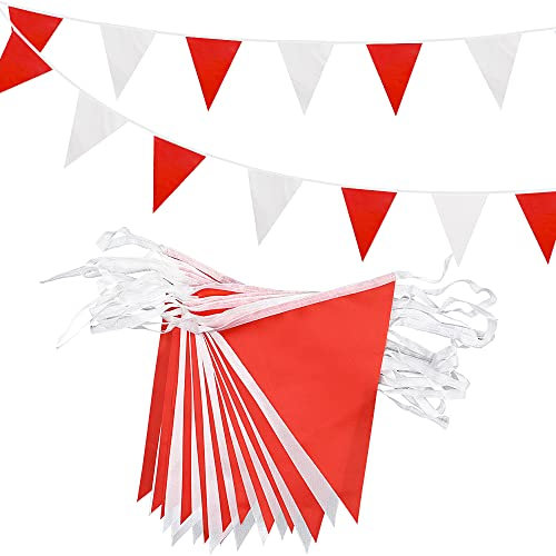 ADQUATOR Banderines de 20 m, 52 unidades, color rojo y blanco, tela de poliéster reutilizable de doble cara, banderas triangulares de dos tonos para decoración de fiestas de cumpleaños en interiores y