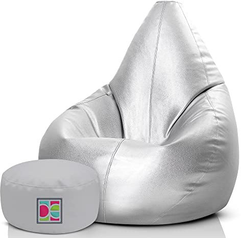 Puff Pera XXL con Relleno Incluido – Puff con Reposapies - Ideal para Adultos y Niños, 100% Polipiel (XXL + Reposapies, Plata)