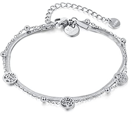VICKWOOD Lebensbaum Armband aus Edelstahl Kette 22 cm Lang 18K Vergoldung Wasserfest in Gold/Rose Gold/Silber Geschenk für Frauen(A.Band_Silber)