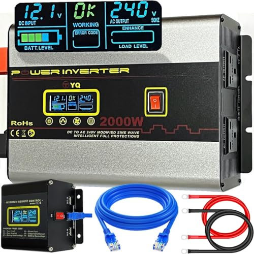 YQ Power Inverter 2000W 4000W Peak 12V to 240V Caravan Motorhome Microwave Converter USB LCD Remote