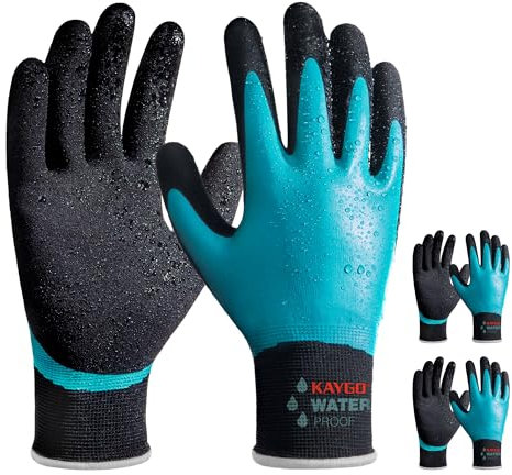 KAYGO Wasserdichte Arbeitshandschuhe für Herren und Damen mit Doppel Latex Beschichtung, Rutschfester Gut Grip für Garten Auto Waschen Fisch Reinigung (Blau, XL, Gr 10, 3 Paar)