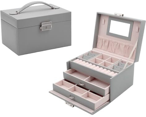 Terafeels Jewelry Boxes for Women Large Jewellery Storage Box Organiser Box 3-Layer Jewellery Case for Rings Earrings Necklace Watch Bracelet Grey