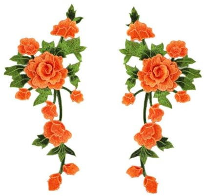 Yurosiay 1 Paar Blumen Stickerei Aufnäher Vintage Pfingstrose Bestickte Applikation Blumen Stoff Aufkleber Bunt Aufnäher Patches zum Nähen für DIY Basteln Bekleid Schuhe Hut Orange 35×15cm