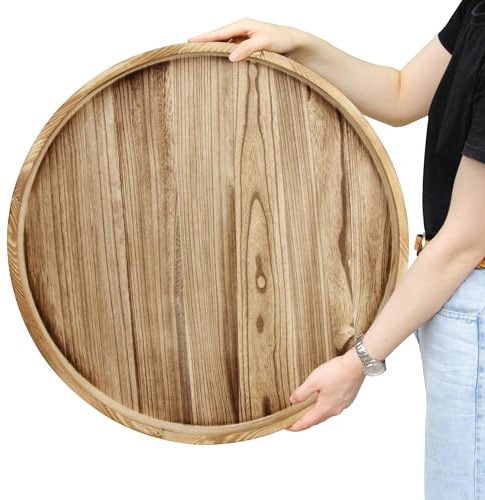 Gurfuy Rundes Ottoman-Tischtablett, rund, rustikales Holz-Serviertablett für Bauernhaus, dekorativ, übergroß, Couchtisch, Tabletts, Wohnzimmer, Küche, Theke, Frühstück, Natur