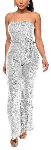 GHAKKE Sexy Bandeau Overalls Mit Glitzer Pailletten Für Damen Elegant Schulterfrei Taille Selbstbindend Weites Bein Hose Cocktail Jumpsuits (Color : Silver, Size : XL)