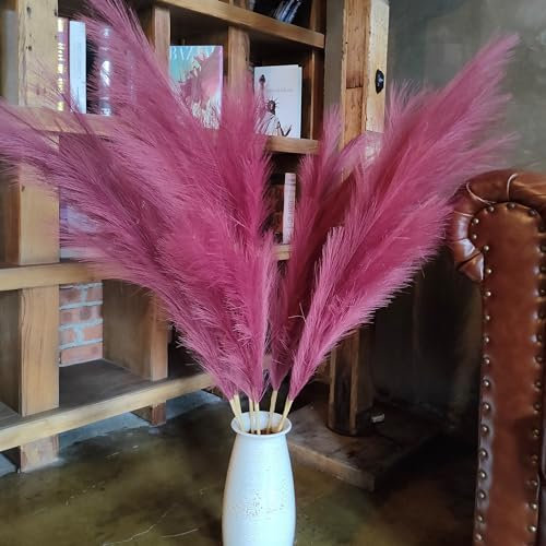 Pampas Grass Decor Tall,Pampas Grandes Florales esponjosas 8 Piezas 110cm,Flores de Plumas largas para arreglo de Boda Boho Sala de Estar (8 Piezas 43/110cm, Rojo Burdeos)
