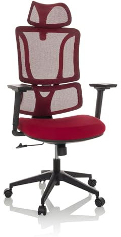MyBuero Drehstuhl ergonomisch ERGOMY Bürostuhl mit Verstellbarer Lordosenstütze, Kopfstütze, Armlehnen, Netz-Rückenlehne, Stoff Rot