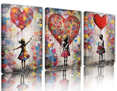 Tucocoo Moderne Wandkunst, Straßen-Graffiti-Liebesbilder, Banksy, kleines Mädchen, buntes Pop-Art-Gemälde, 3-teiliges Leinwandbild, modernes Kunstwerk, Heimdekoration für Wohnzimmer, gerahmt, fertig