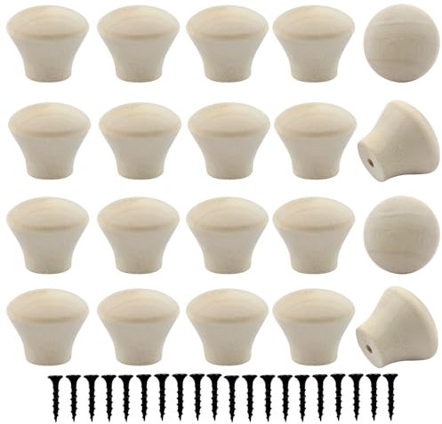 Piutouyar Lot de 20 mini boutons de commode ronds en bois brut brut vintage pour cuisine, armoire, tiroir (18 x 15 mm)