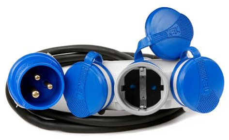 KEL Camping CEE Adapter Gummi Verlängerungssteckdose 1,5m - 3-Fach Kupplung 230V / 16A Dreifach-Schuko-Steckdosen, Kabelquerschnitt 3 x 2,5, IP44 für den Außeneinsatz, Camping, Caravan und Wohnwagen