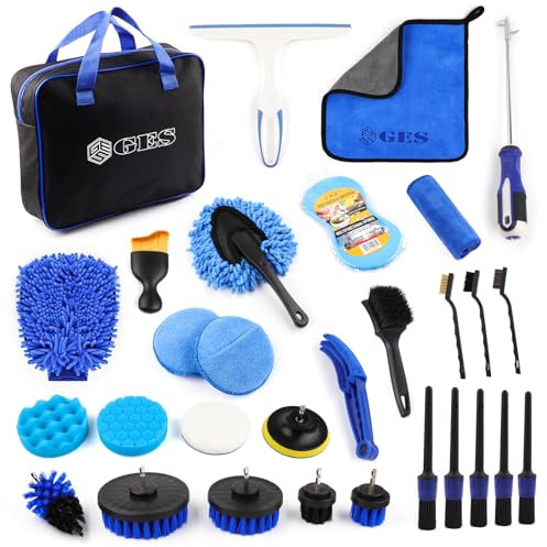 GES Kits de Nettoyage de Voiture, kit de Nettoyage de Voiture 30 pièces, kit de Lavage de Voiture pour Roues, intérieur, extérieur, Cuir, aérations et Nettoyage du Tableau de Bord (Bleu)