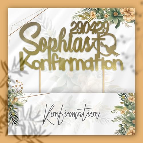 Cake Topper Personalisiert Tortenstecker mit individuellen Wunschnamen – Name, Datum, Kuchendeckel Glamour (Konfirmation, Golden)