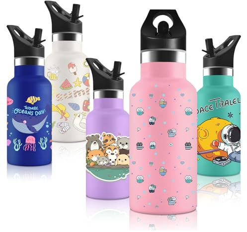 Vikaster Gourde Isotherme Avec Paille, Gourde Inox Enfant, 350ml, Sans BPA, Garder au Chaud Pendant 12 Heures, Froid 24 Heures, Convient aux Garçon, Fille, Écoles, parc d'Attractions