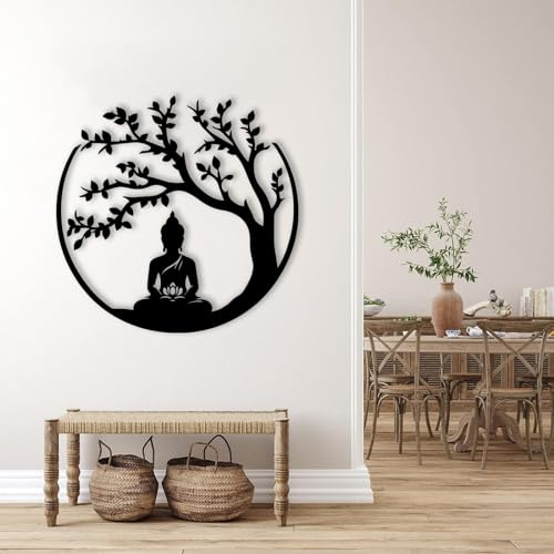 Décoration murale arbre de vie et Bouddha en métal – Art mural arbre de vie en métal – Décoration murale hindoue de méditation – Art zen, décoration murale de studio de yoga (noir, 90 x 90 cm)