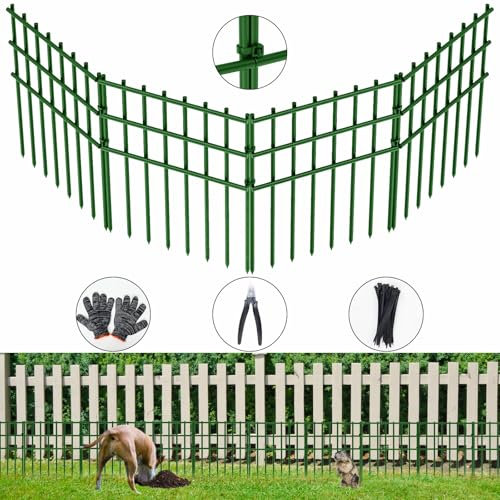 10 Stück Gartenzaun, 43,2 cm (H) x 3,3 m (L), kein Grabenzaun, rostfreies Metall, Gartenzaun-Bordüre, dekorative Zaunpaneele für Hunde, Kaninchen, Bodenpfähle, Verteidigung und Terrasse, Grün