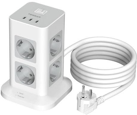 TESSAN 8 Fach Steckdosenleiste mit 3 USB C Mehrfachsteckdose, 1700J Steckdosenleiste Überspannungsschutz mit 2M Verlängerungskabel, 3600W Steckdosenturm, Verteilersteckdose mit USB für Zuhause, Büros