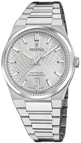 Festina Swiss Made Herrenuhr Analog aus Edelstahl 316l Silberfarben | Quarz, Kalender, Widerstandsfähiges Saphirglas, Wasserdicht 10 ATM F20051/2 Rive Collection