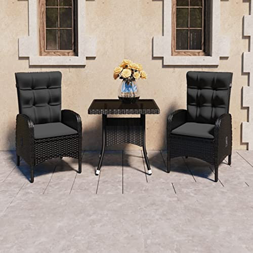 Iiaky 3-TLG. Garten-Essgruppe Poly Rattan und Glas Schwarz Patio Furniture TerrassenmöBel Gartengarnitur
