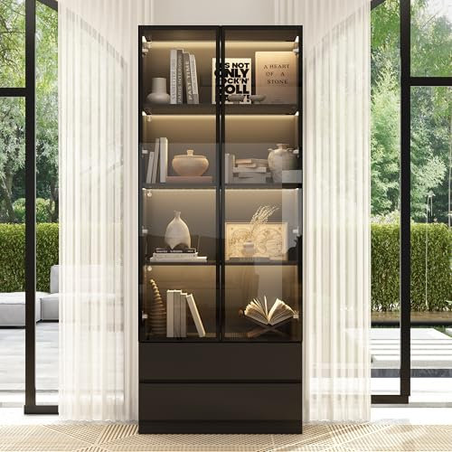 PREMTURE Vitrine, Vitrinenschrank,2 Türen 2 Schubladen Schwarzglas Vitrine für Wohnzimmer, Esszimmer, Büro, Küche, 80 * 36 * 200cm, MDF, Schwarz