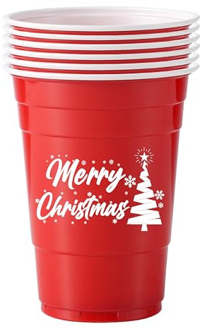 Komonee 6 x Christmas Red Cups 16oz 500ml Wide Rimmed Disposable American Xmas Party Cups USA Adult Novelty Plastic Glass Design 3