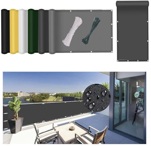 Telo Ringhiera Balcone Esterno 90 x 90 cm Impermeabile Antivento Blocco UV Al 98%, Rivestimento per Balcone con Fascette e Funi, per Giardino Piscina, Grigio Scuro