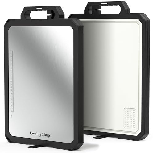 Kwalitychop Large cutting board with handle,stand & knife sharpener -17x12 Stainless steel cutting boards for kitchen - Dishwasher Safe, Double sided chopping board, stainless steel cutting board/PP