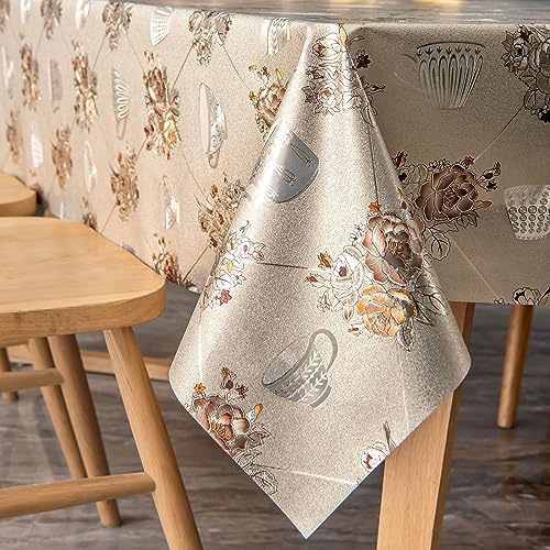 FAVE Heavy Duty Vinyl Tablecloths with Peony Waterproof Oil-Proof PVC Table Cloth for Wedding, Banquet, Birthday, Party, Restaurant Decorations (Golden Foral, 54x54 Inches)