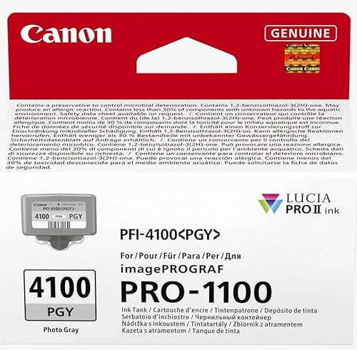 Canon PFI-4100PGY Genuine Printer Ink Cartridge - High Performance & Fade Resistant Ink (1 x Photo Grey Cartridge) - Compatible with imagePROGRAF PRO-1100