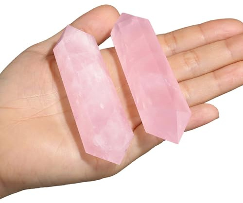 QINJIEJIE Rose Quartz Crystal Wand Large Rose Quartz Healing Crystals Tower 3.5 Natural Hexagon Double Point Stones Meditation Divination Reiki Pink Protection Crystals Gifts for Women 1 PC