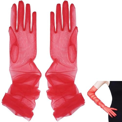 PLUSHCEWT Long Evening Gloves Bridal Lace Gloves Elegant Tea Party Gloves Tulle Gloves Elbow Length Gloves for Women Wedding Dinner Prom Opera Gloves (Red, 55cm)