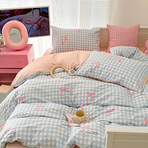Covebett Bettwäsche 135x200 Kariert Blau mit Rosa Schleifen Mädchen Bettbezug 2teilig Aesthetic Blau Weiß Karo Weich Microfaser Einzelbett Deckenbezug mit Reißverschluss und Kissenbezug 80x80cm