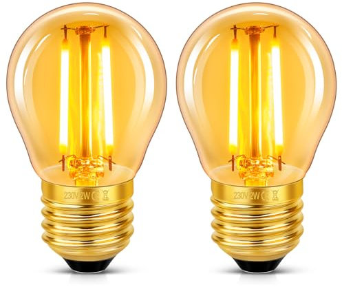 Bombilla Edison Vintage E27 G45 LED Filamento 2W (Equivalente a 20W), Ambar Luz Blanco Cálido 2200K, 200LM, AC 220V-240V, No Regulable, Decoración Iluminación para Hogar, Cafés, Bares, 2 Piezas
