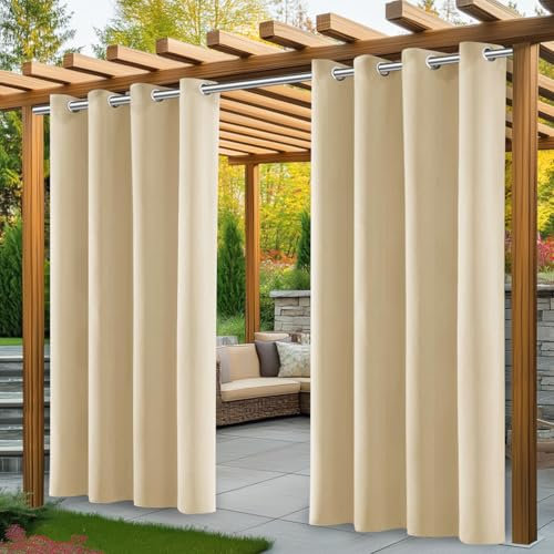 PITMT Cortinas Exterior Terraza, 2 Piezas Cortina Exterior Impermeable con Anillos, Pergola Cortinas de Exteriores para Pergolas Balcon Jardin Patio Porche(132 * 215 cm, Beige)