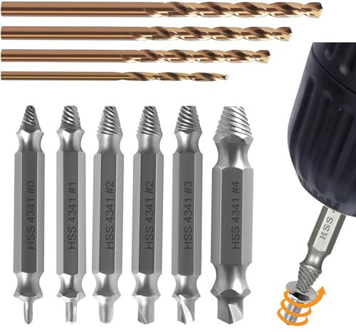 Srvauyea Juego de 6 Extractor de Tornillos, Juego de Extractor Izquierdo, Herramienta de Extracción con 4 Brocas en Espiral para Taladrar y Extraer Tornillos Dañados