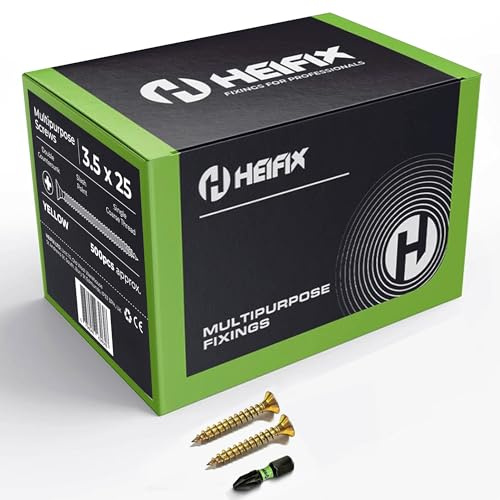 Heifix Multi-Purpose Pozi Wood Screws - 3.5 x 25mm, 1000QTY, FREE Screw Bit | Multi-purpose Wood Screws For Timber, DIY And General Fixing. Double Countersunk Pozi Design With FREE Matching Screw Bit.