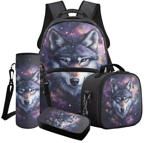Cxdvotvy 4-teiliges Schultaschen-Set, Rucksack, Lunchtasche, Federmäppchen, Wasserflaschen-Tragetasche für Jungen und Mädchen, Violetter Wolf-Galaxie-Druck, Schulranzen-Set