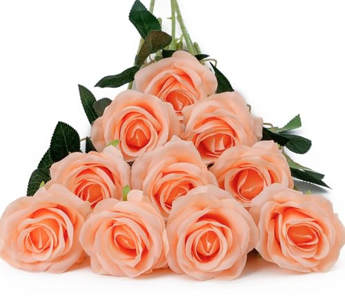 DuHouse 10pcs Fake Roses Artificial Silk Flowers Long Stems Bouquet for Arrangement Wedding Centerpiece Party Home Kitchen Decor(Peach Fuzz-a)
