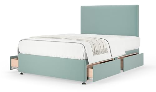 Bedmaster Plush Velvet Divan Base With Storage And Plain Headboard - Colour And Size Options (Duck Egg 4 Drawer, Double)