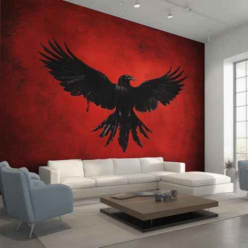 Generisch Vlies Fototapete Krähe 200x140 cm, Tapete Schwarz Rot Tapeten Vliestapete Wohnzimmer Rabe Gotisch Schlafzimmer Wandtapete Ornamente Mustertapete W&41