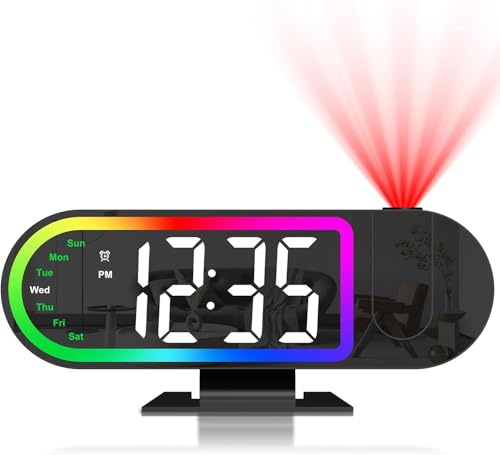 OQIMAX Projektionswecker, 8.5 LED Digitaler Wecker mit Projektion 180°, Woche, 4 Helligkeitsdimme, Digitale Uhr mit 17 Farben Nachtlicht, Schlummerfunktion, Nachtmodus Auto Dimmung, 12/24 Std
